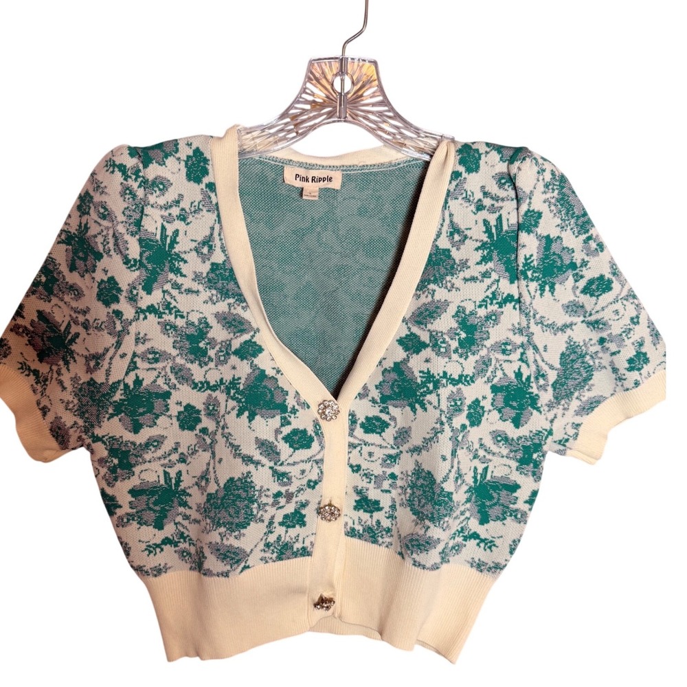 Pink‎ Ripple Cropped Cardigan Womens S Green Polyester Floral Rhinestone Button